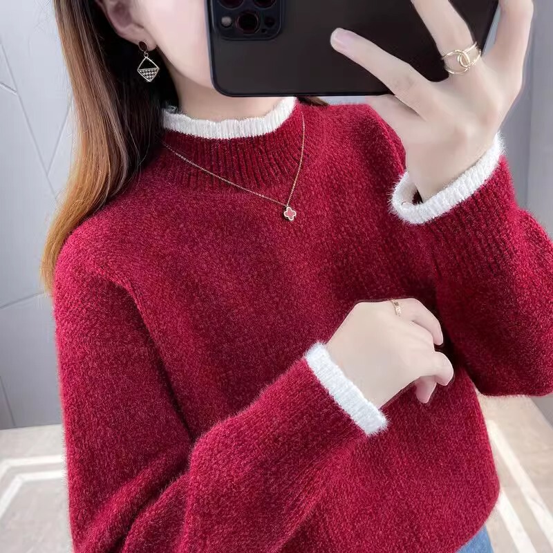 2025秋冬新款毛衣女雪尼尔半高领宽松套头纯色加绒厚款针织衫上衣|undefined