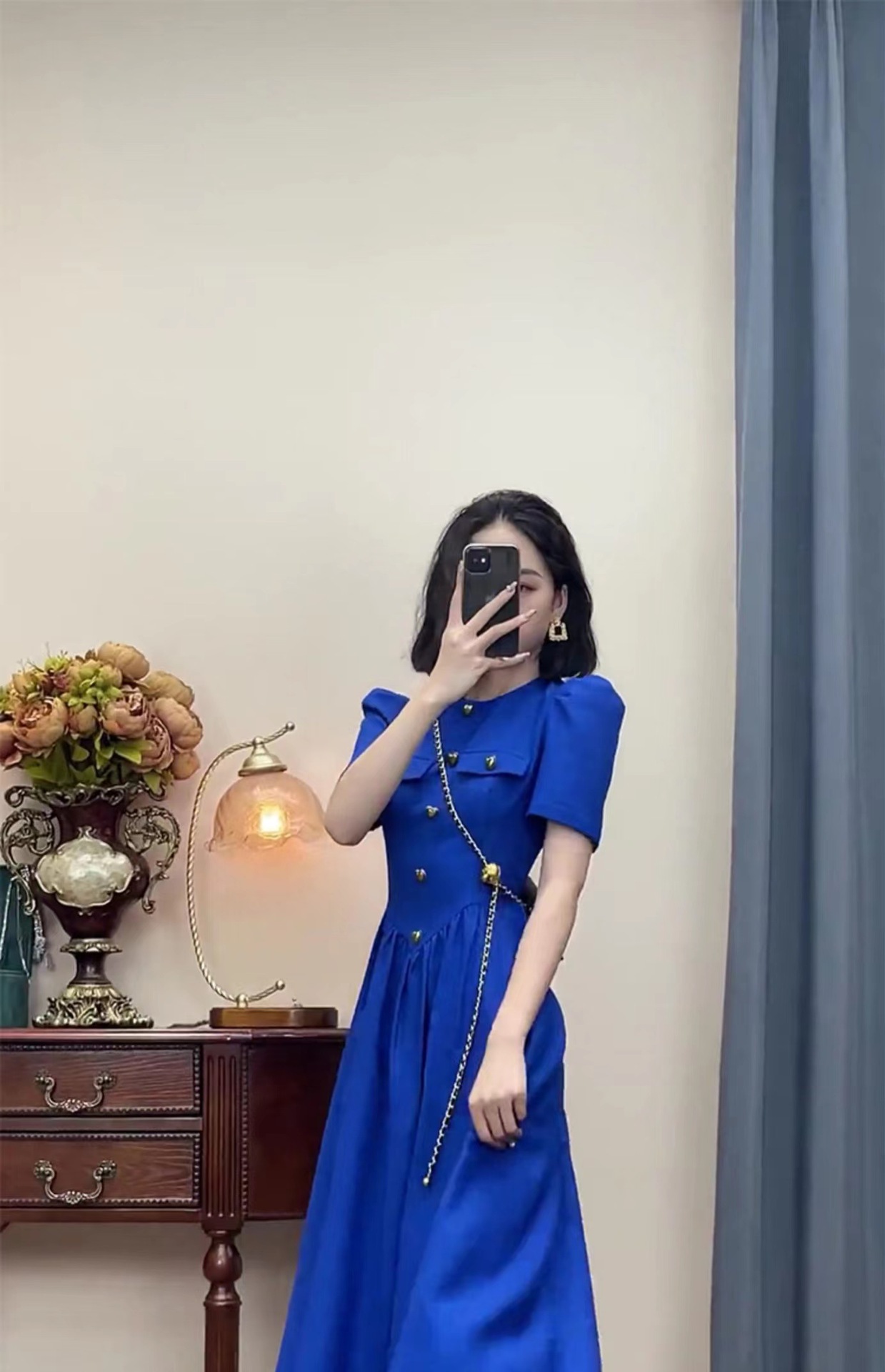 Đầm suông nữ midi Klein Blue phong cách retro khí chất — Màu xanh lam, Màu xanh lá
