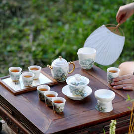 羊脂玉白瓷功夫茶具套装轻奢富春山居图家用功夫茶具茶壶盖碗礼盒