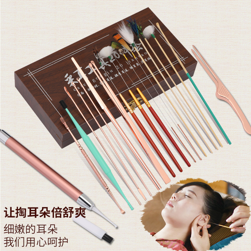 Fábrica en stock oreja recoger limpieza del oído cera limpieza pluma de ganso palo oreja recogiendo el color del pelo caja de madera oreja recogiendo herramienta traje