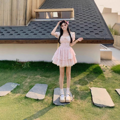 大きいサイズの純欲の泡の袖の花のワンピースの女性の夏の甘い小さい背の優しい風のアンドロメダのスカート