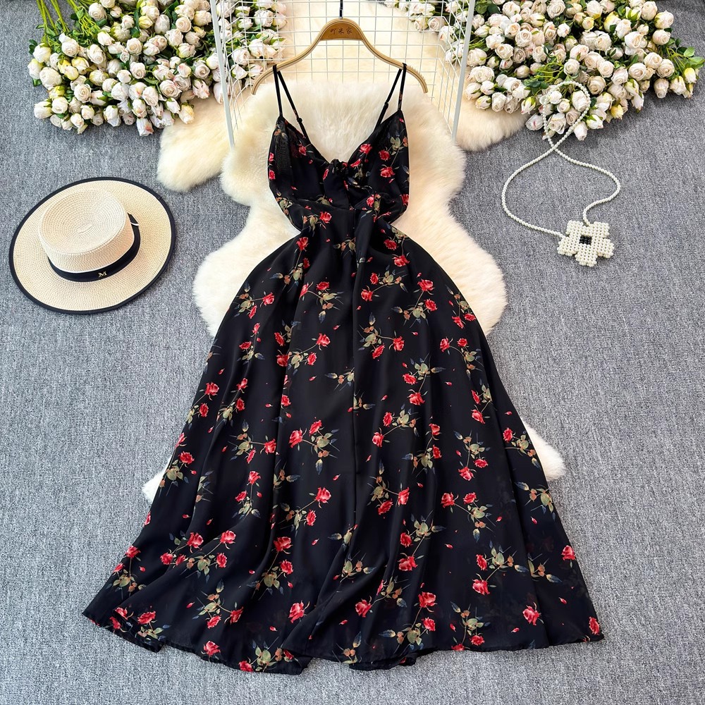 Colorful Floral V-Neck Strap For Women Summer Bohemian Niche Beach Vacation Style A-Line Long Dress_ecoleips.com