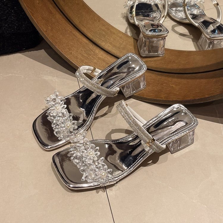 Korean Style New Chunky Heel Sandals 2024 Summer Daily Wear Square Toe Non-Slip Shoes Transparent Heel Open-Toe Slippers Trendy