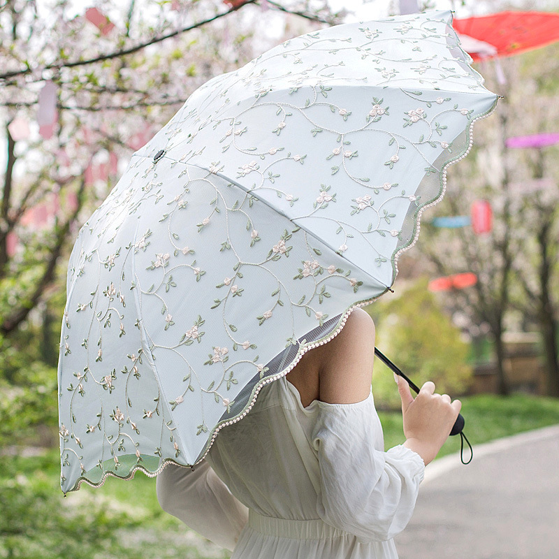 Double-layer lace embroidered sun umbrella female black glue sun protection UV protection umbrella folding rain and rain dual-use sun umbrella