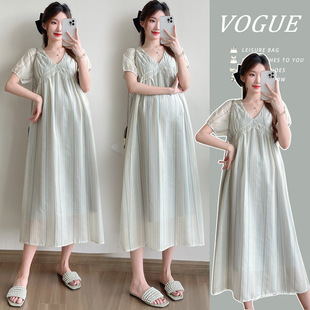 Maternity 2025 Summer Dress New V-neck Temperament Korean Fashion Loose Simple Striped Pregnant Women dress