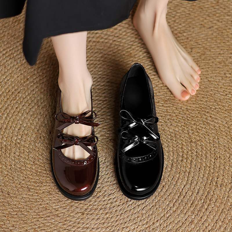 Soft! Round-toe Flat Shallow-top Single-layer Shoes Women's Bow Genuine Leather Mary Jane Shoes Women's Small Leather Shoes Women's Loafers Women's Trendy