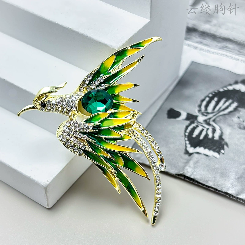 Phoenix metal brooch pin, enamel accents, gold-tone alloy, 5.76×4.48 cm, multicolor options