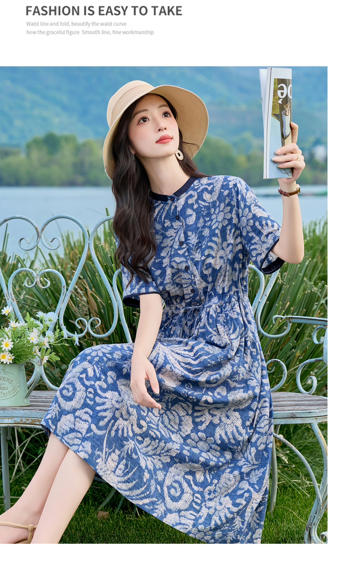 Đầm maxi nữ thắt eo họa tiết hoa nhí dáng suông rộng NI825 — Xanh lông mòng đen chi tiết 16