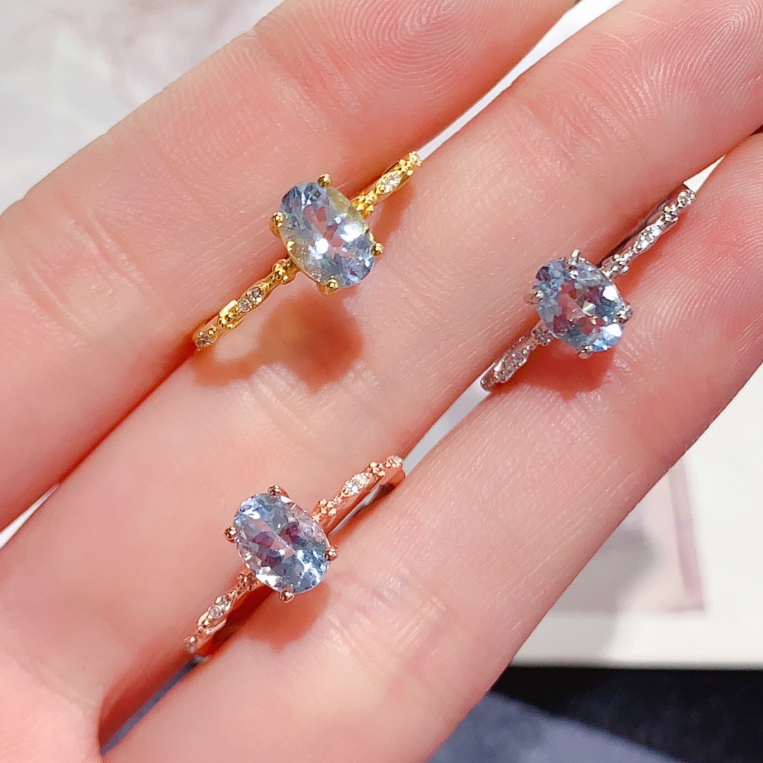Natural Aquamarine Ring S925 Silver Inlaid with Sea Blue Versatile and Fresh-Looking Gemstone Ring with Adjustable Opening