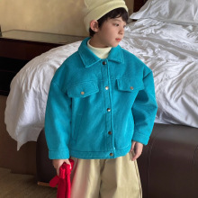 蓝钰25秋冬新品韩国童装中小童男童加厚加绒复古蓝色灯芯绒外套