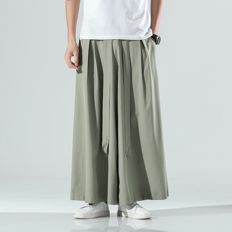 Men's Summer Thin Ice Silk Wide-Leg Pants, Loose Straight-Cut, Drapey Cropped Pants, Trendy Summer Skirt Pants, Chinese Style, Slightly Elastic, Fashionable Men's Summer Thin Ice Silk Wide-Leg Pants, Loose Straight-Cut, Drapey Cropped Pants, Trendy Summer Skirt Pants, Chinese Style, Slightly Elastic, Fashionable