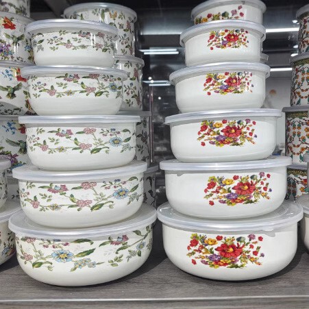 Customized Old-Fashioned Enamel Bowl, Thickeneded Sealed Bowl Set, Bowl, Fresh-Keeping Bowl, Storage Bowl, Nostalgic Vegetable Bowl, Five-Piece Set, Soup Rice Bowl