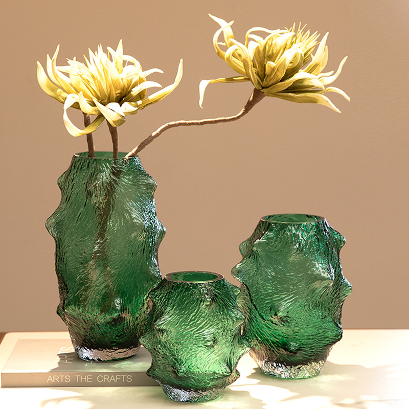 Sea cucumber glass vase, green irregular shape, wrinkled creative decor, living room dining table flower holder