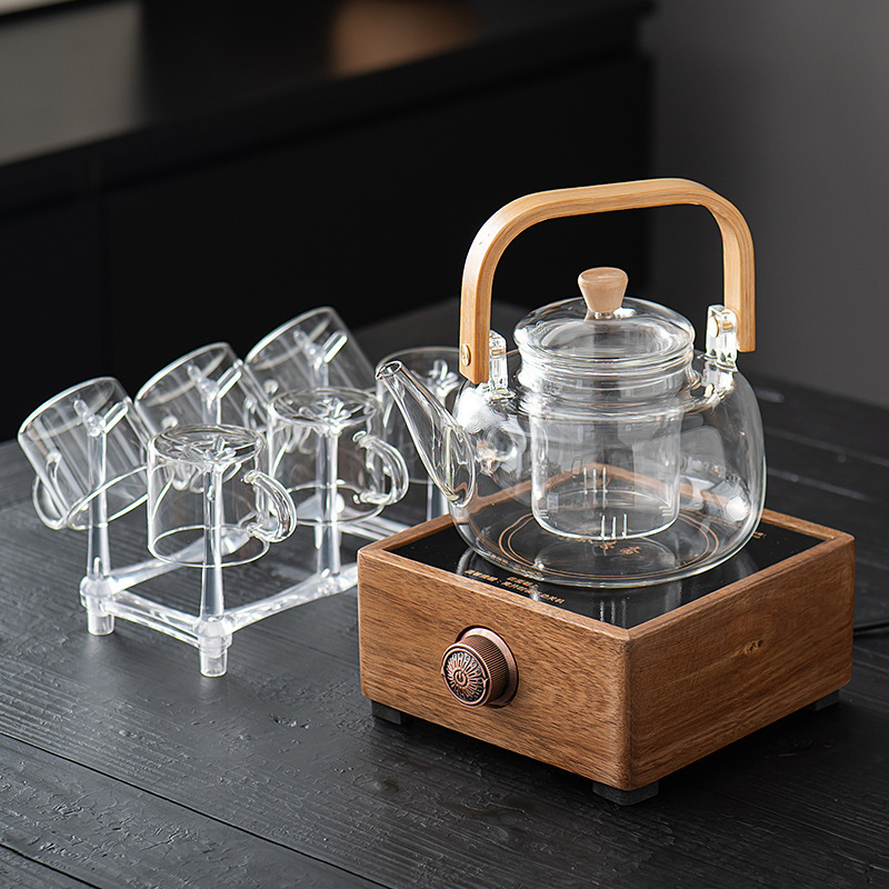 Transparent square lifting beam + 6 cups + transparent cup holder + walnut small square stove