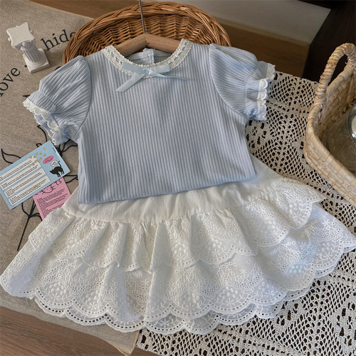 Korean Children's Summer 2024 New Bubble Sleeve Short-Sleeve T-Shirt and Lace Skirt Two-Piece Set