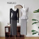 Qianyu 2024 Summer New V-neck Long-sleeved Knitted Top Draped All-match Soft Waxy Grey A- line Long Dress for Women