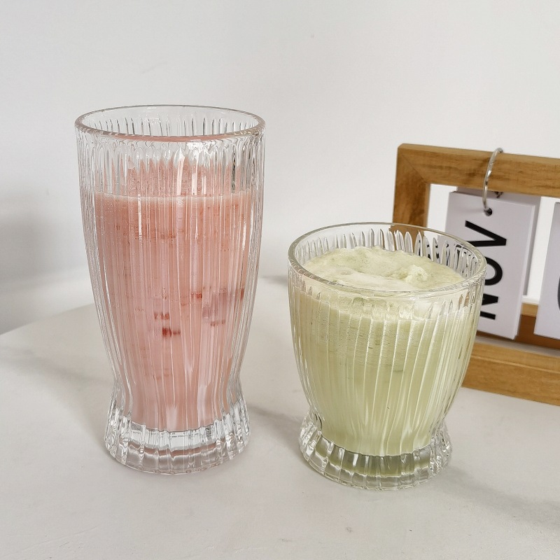 玻璃杯子ins高顏值豎條紋小蠻腰美式果汁杯家用咖啡杯歐式復古