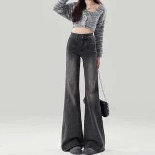 黑灰色微喇叭牛仔裤女2026年春夏季高腰显瘦弹力大码胖MM长裤子