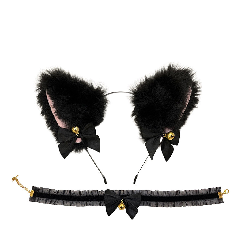 (Diadema + collar) orejas de gato horquilla arco campana hembra M gato conejo horquilla cabeza de Navidad Accesorios
