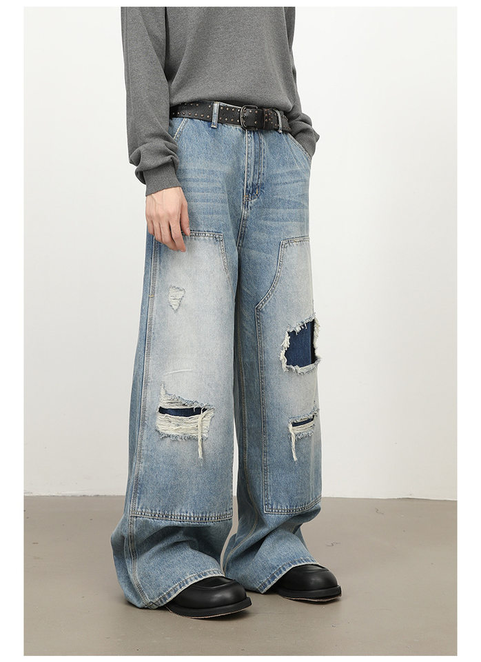 Quần jeans nam dáng rộng ống đứng phong cách Mỹ, wash xước rách phối vải — màu xanh chi tiết 5