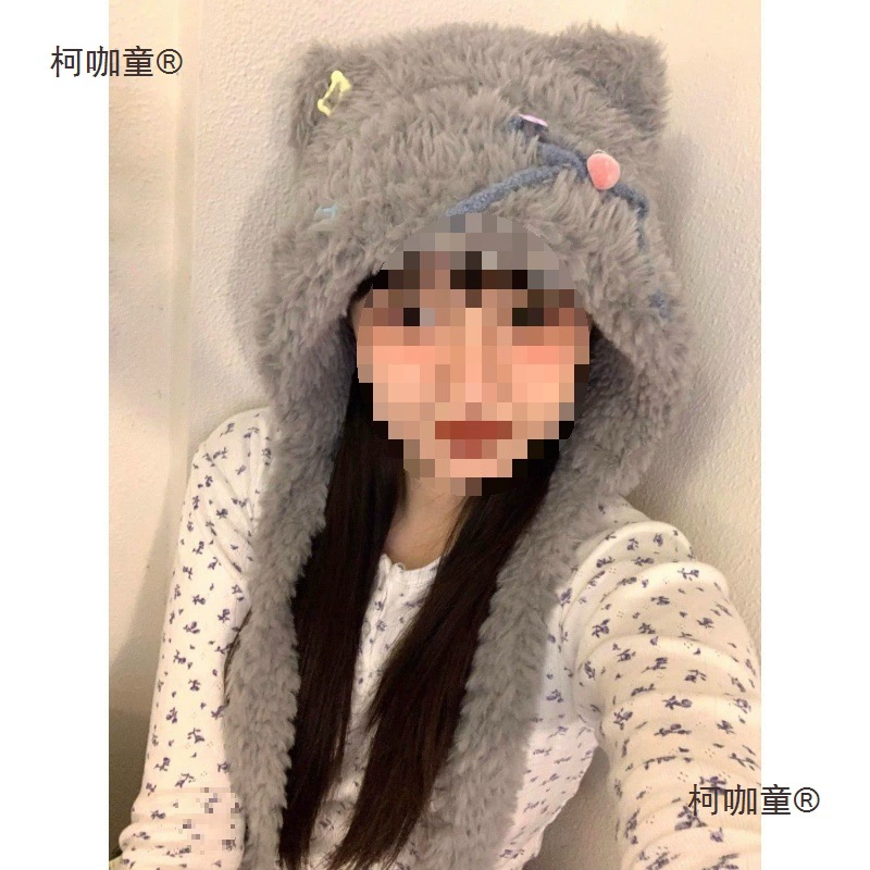 秋冬加绒感毛绒保暖护耳氛围三色帽系带可爱贴布款帽小熊麦太保