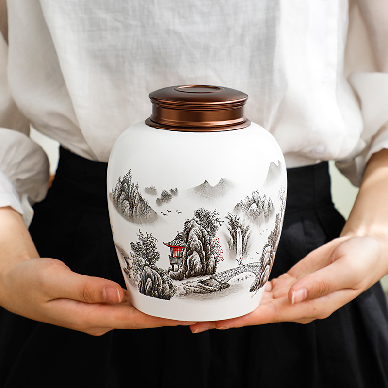 茶叶罐陶瓷大号锡盖密封储茶罐普洱茶叶包装盒茶具家用便捷醒茶罐