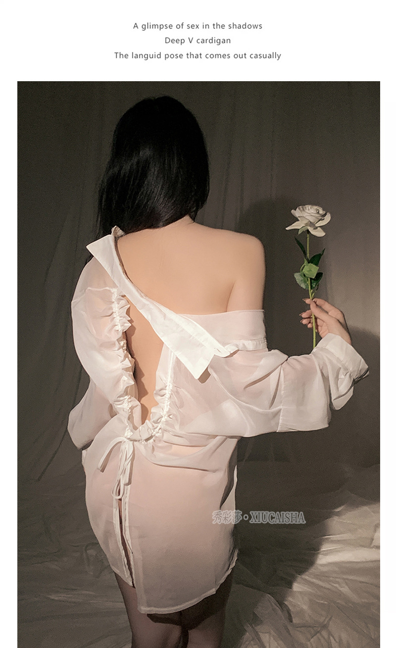 Sheer Chiffon Ruched Backless Sleepwear Shirt, Cute Roleplay Uniform Style, Black One Size — detail image 15