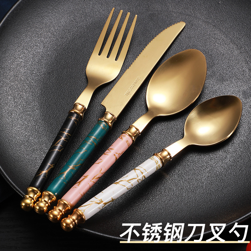 Light Luxury Nordic Gold-plated Western Food Tableware Household Western Restaurant Dining Knife Four-piece Set Thickened Stainless Steel Knife, Fork and Spoon Set