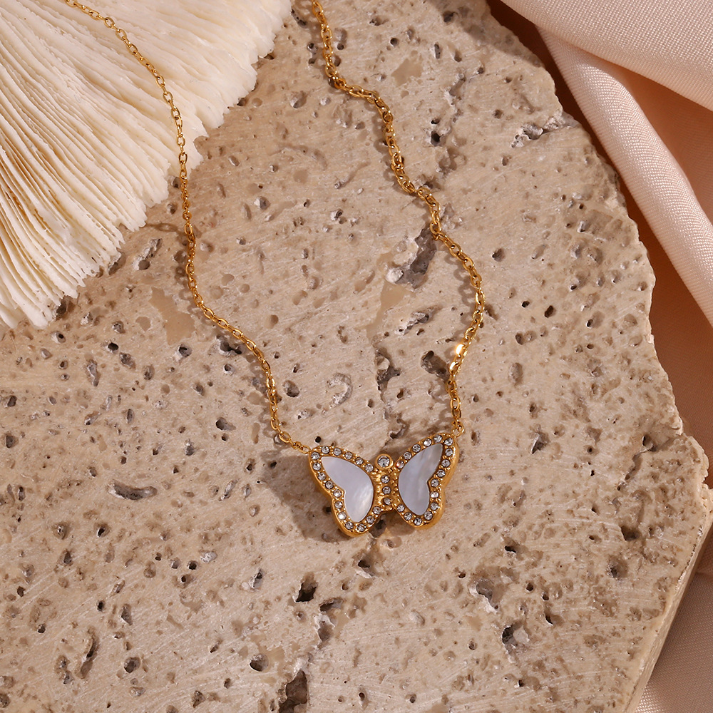 Fashion Butterfly Stainless Steel Necklace Inlay Shell Zircon Stainless Steel Necklaces_colorza_5