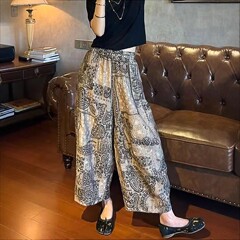 [ソースファクトリー] 夏レトロプリント薄手ゆったりワイドレッグシミターパンツハイウエストカジュアル万能9点パンツ
