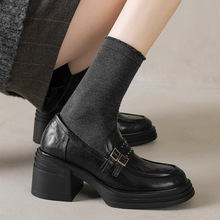 牛皮版~皮扣带粗跟高跟乐福鞋女2025年新款春单鞋静音厚底小皮鞋