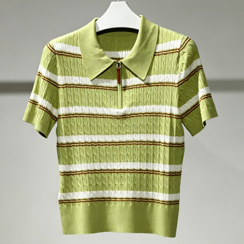 Mm Mai Mai 2026 Summer Style Polo Collar Half-Zip Striped Knit Shirt Women's Short-Sleeved Casual Style 1H4630591