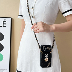 Rhinestone rabbit mobile phone case suitable for iPhone 14 crossbody chain Apple 13 wallet card holder 12 locks 11 bows