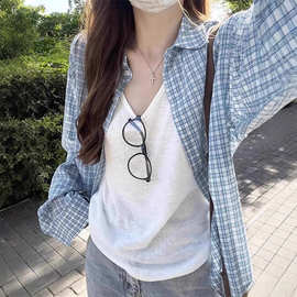 蓝色格子长袖内搭衬衫女装夏季新款早春季衬衣法式上衣外套批发