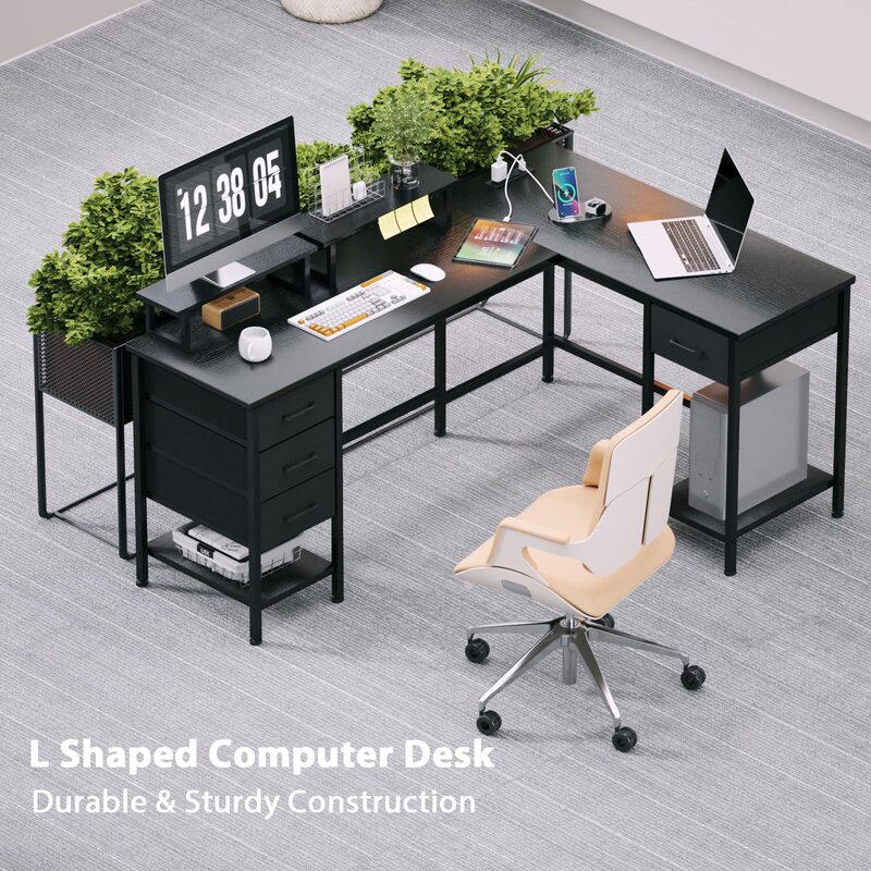 L-shaped computer desk with power socket adjustable monitor stand and storage drawer bedroom large corner table