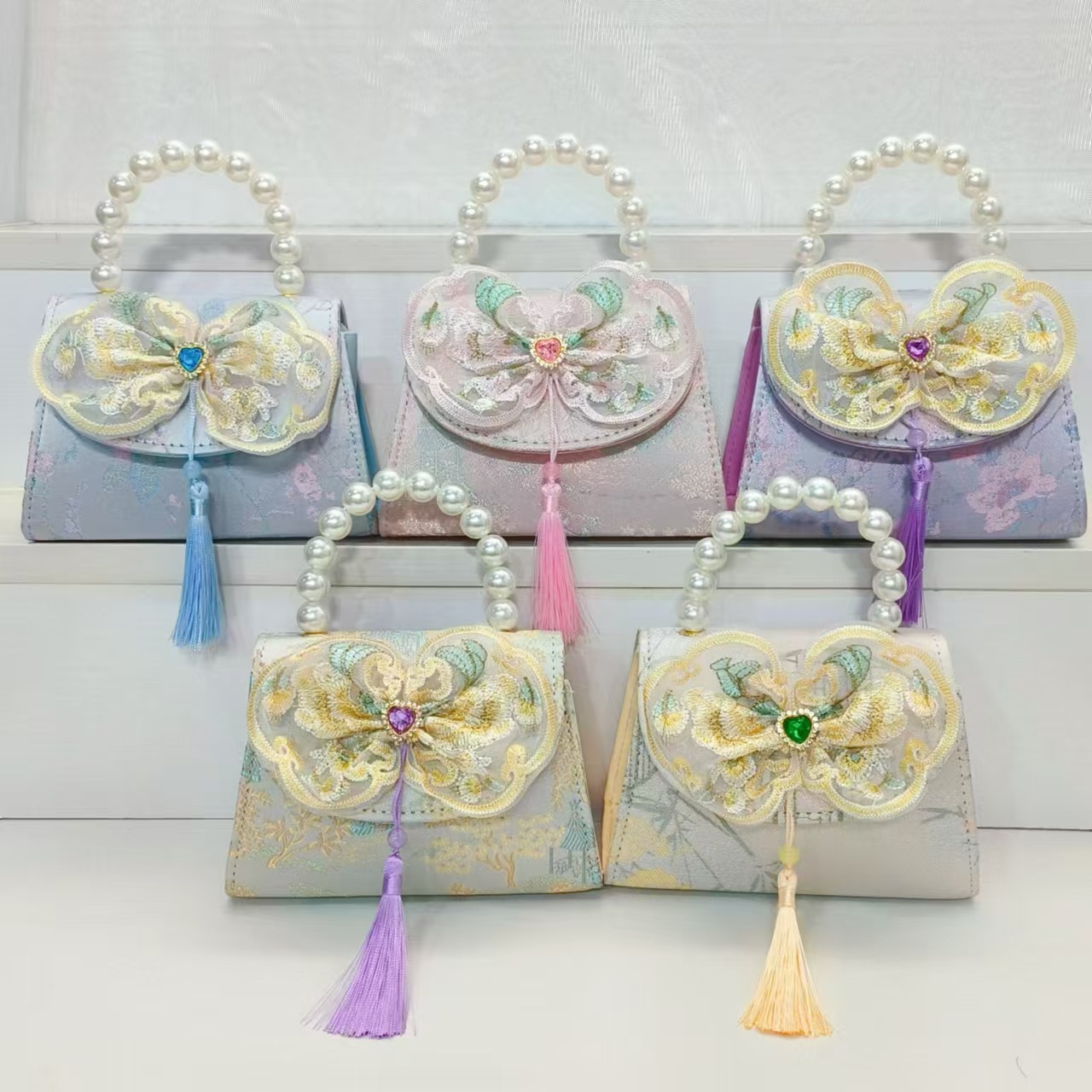 Bolsos de perlas de arco de estilo nacional, bolsos de cadena de princesa, bolsos de ropa antigua, accesorios para niños, bolsos de regalos para niñas