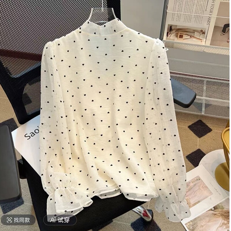 法式波点雪纺上衣女春蝴蝶结小衫气质名媛甜美荷叶边泡泡长袖衬衫|undefined