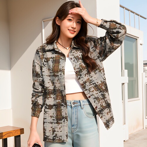 Women's Spring and Autumn Season Casual Loose Retro Print Check Shirt, American Trend Top
