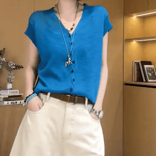 High-end ice silk V-neck short-sleeved T-shirt knitwear women's summer loose slimming fashionable blue button-down top