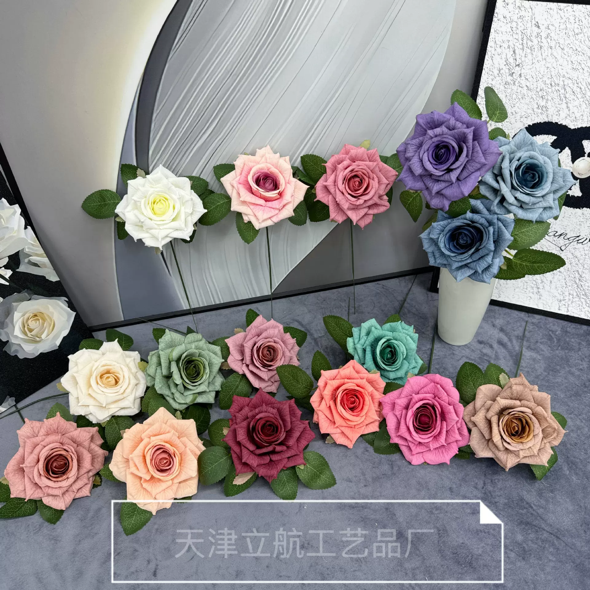单枝丝印卷边玫瑰卡布奇诺玫瑰家居酒店装饰摆件外贸批发仿真玫瑰