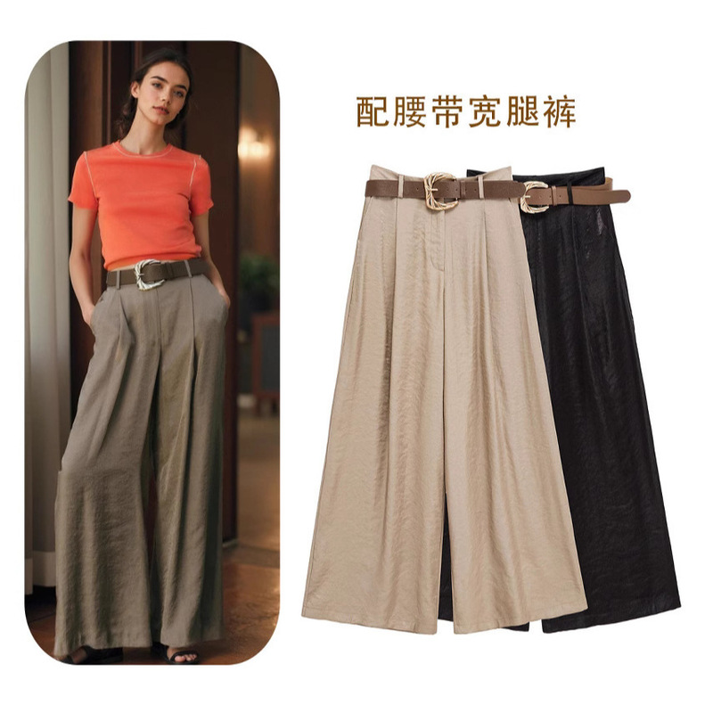 Cross-Border Wholesale European and American Style 2025 Summer Fashion Casual Versatile Belted Silk Satin Texture Wide Straight-Leg Pants for Women, Thin Style