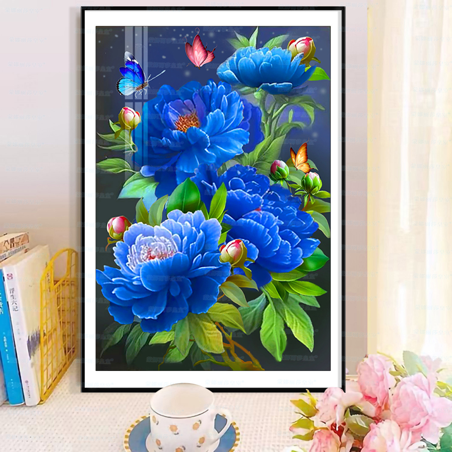 Mona Lisa real Cruz puntada azul peonía nueva flor bordado vertical hecho a mano pintura decorativa hilo bordado image 4
