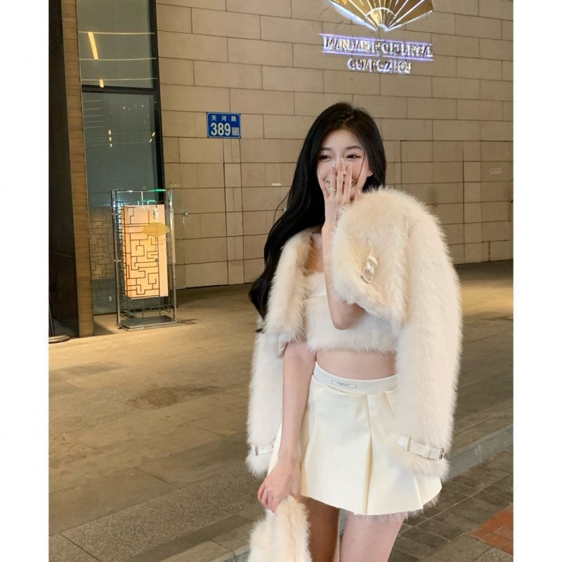 (2개) WENGFENG 스파이스 여자 세트 여성용 스트랩리스 탑 카디건 코트 가을과 겨울 가죽 스커트 패션 우아한 3 피스 세트