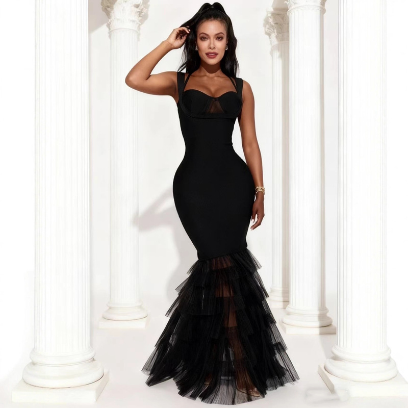 European and American Cross-Border New Long Skirt Lace High Elastic Pleated Mesh Slim Suspender Bandage Dress Bandage Skirt Dress