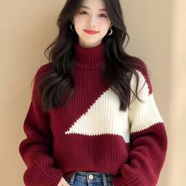 慵懒风撞色毛衣女2025新款冬季设计感穿搭超厚针织衫上衣套头