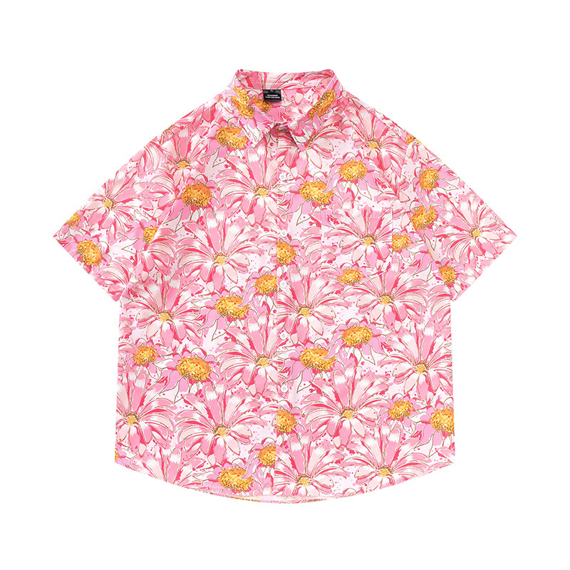 粉色涂鸦花卉短袖花衬衫男女夏威夷INS泰国日系复古港风