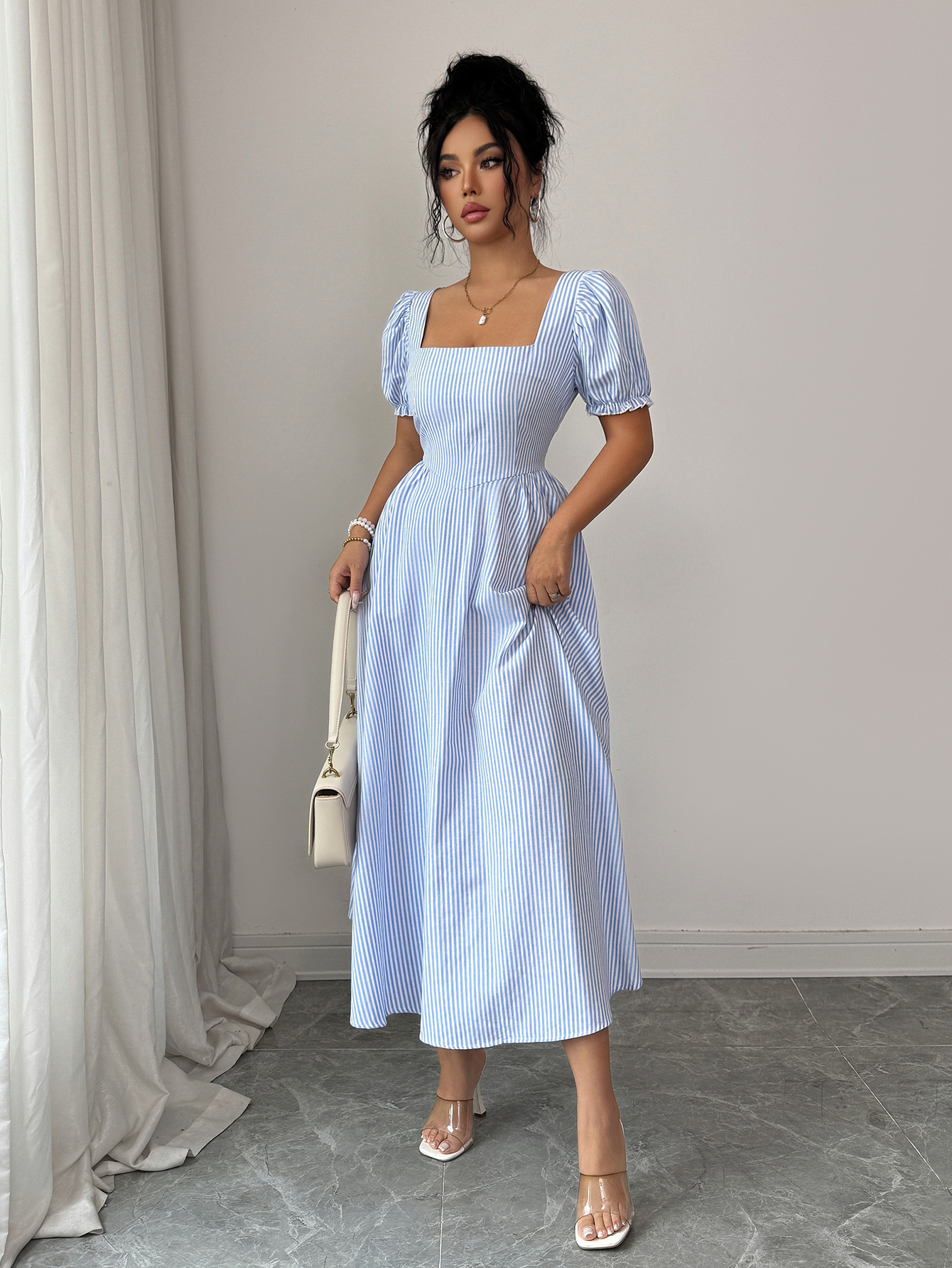 Elegant Blue White Striped Dress Puff Sleeves Women's Spring Summer_ecoleips.com