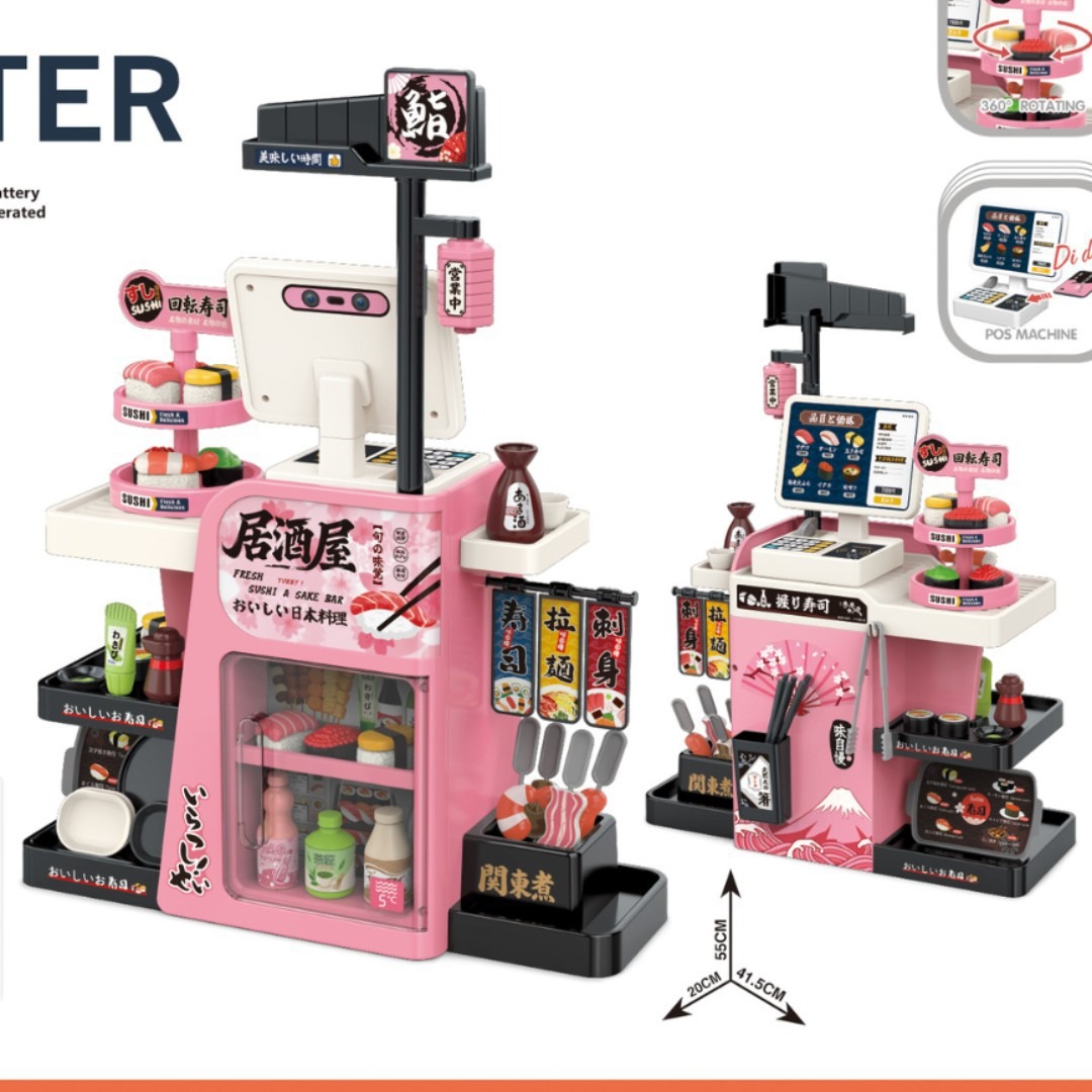 Simulación transfronteriza de alimentos para niños Sushi set de salmón tarjeta deslizante caja registradora churrasco barbacoa mesa de supermercado jugadores en casa