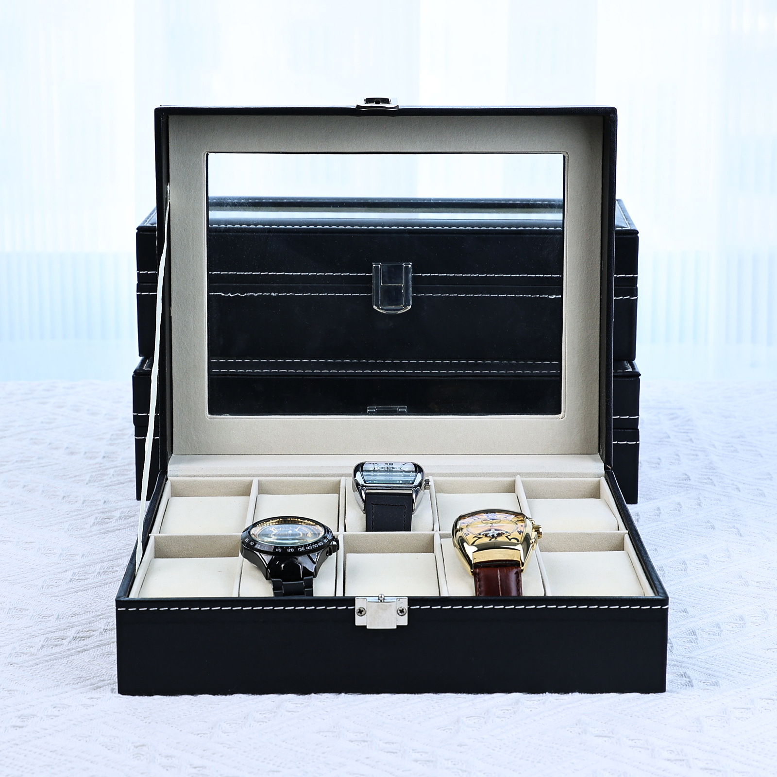 Dejiao pu reloj de cuero bandeja de exhibición en stock reloj caja de almacenamiento contador coche línea artesanía simple y elegante