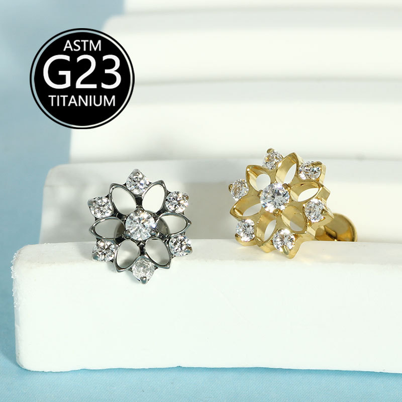 G23 Titanium Earrings Cut Out Flower Inlaid Zircon Ear Bone Nails Body Piercing Jewelry detail image 7